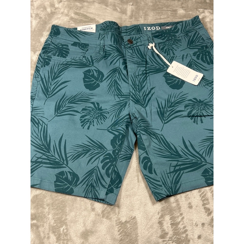 IZOD Mens Slim Fit Comfort Stretch Tropical Palm Leaf Shorts Teal Green 36 NWT